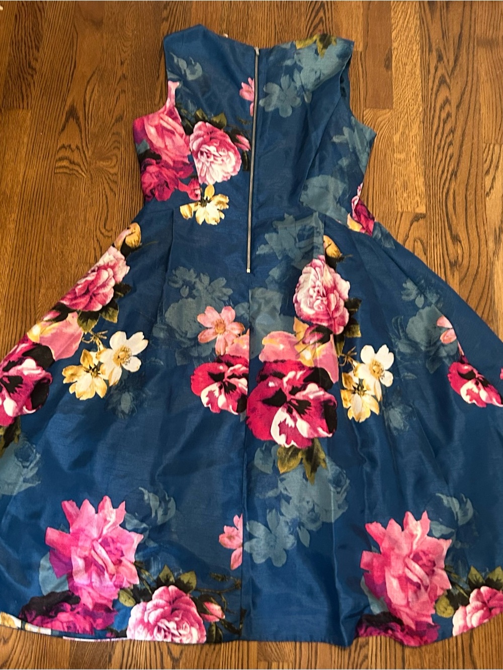 Roz & Ali Formal Teal Navy Floral Midi Cocktail Dress with Pink Blooms - Picture 5 of 11